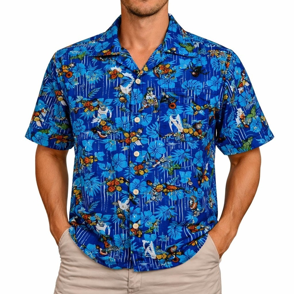 Marvel Captain America Hawaiian Aloha Shirt Small Thor Hulk Super Heroes Floral